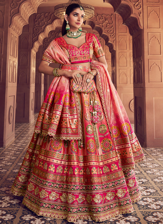 Multi Color Banarasi Silk Embroidery Work Wedding Wear Lehenga Choli SW828497