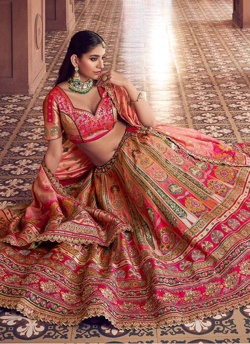 Multi Color Banarasi Silk Embroidery Work Wedding Wear Lehenga Choli SW828497
