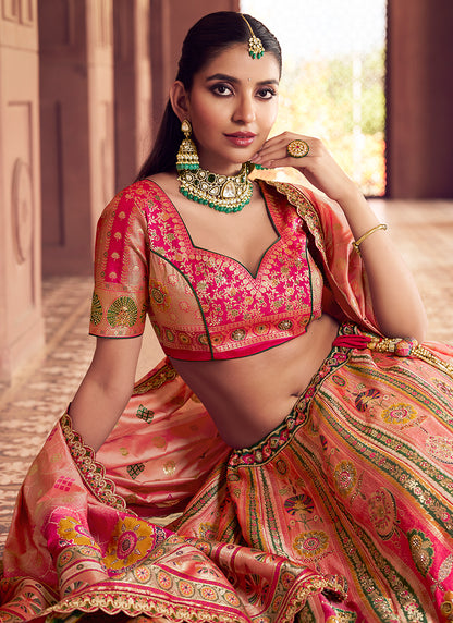 Multi Color Banarasi Silk Embroidery Work Wedding Wear Lehenga Choli SW828497