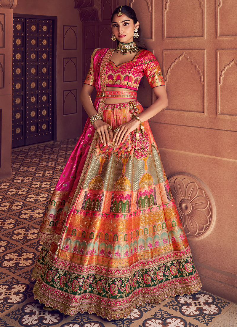 Multi Color Banarasi Silk Embroidery Work Wedding Wear Lehenga Choli SW316936