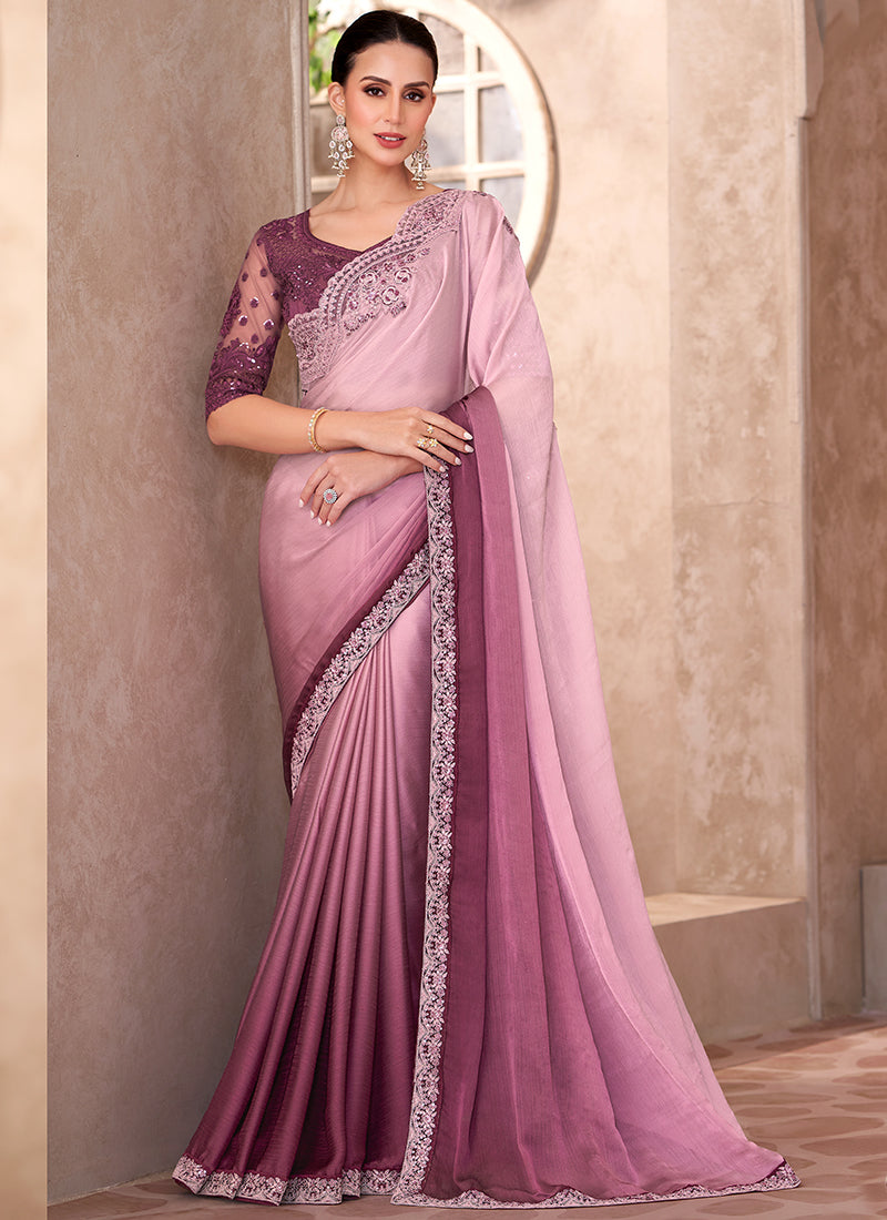 Chiffon Multi Color Saree with Linen Work for Bridal Wear 380655