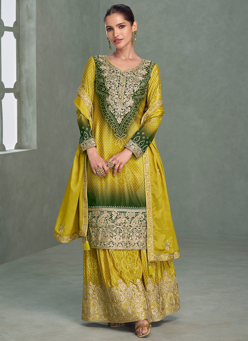 Chinnon Silk Multi Color Wedding Wear Embroidery Work Readymade Plazzo Suit 385248