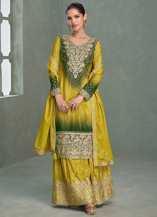 Chinnon Silk Multi Color Wedding Wear Embroidery Work Readymade Plazzo Suit 385248