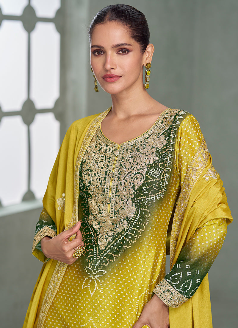 Chinnon Silk Multi Color Wedding Wear Embroidery Work Readymade Plazzo Suit 385248