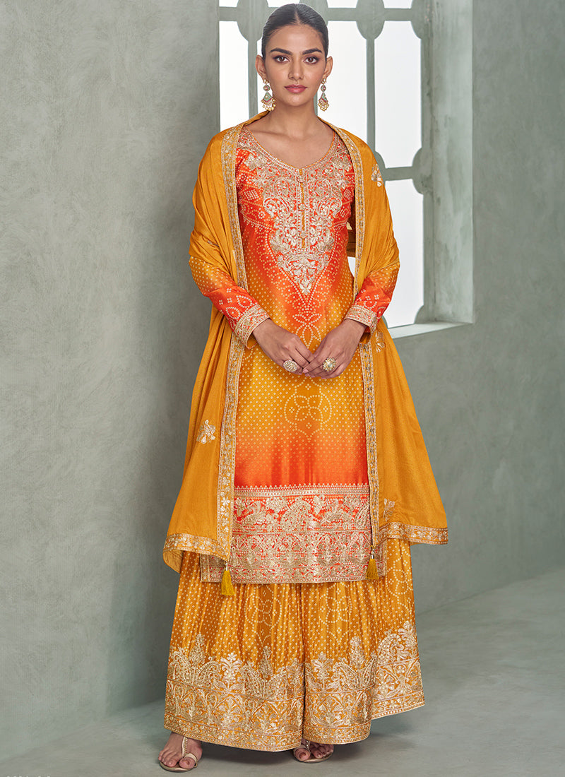 Chinnon Silk Multi Color Wedding Wear Embroidery Work Readymade Plazzo Suit 385250