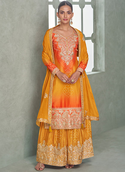 Chinnon Silk Multi Color Wedding Wear Embroidery Work Readymade Plazzo Suit 385250