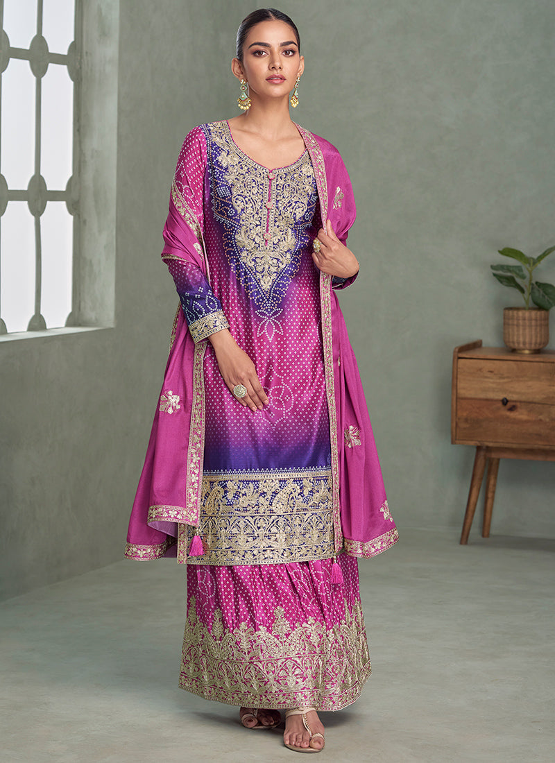 Chinnon Silk Multi Color Wedding Wear Embroidery Work Readymade Plazzo Suit 385251