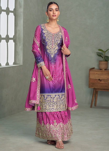 Chinnon Silk Multi Color Wedding Wear Embroidery Work Readymade Plazzo Suit 385251