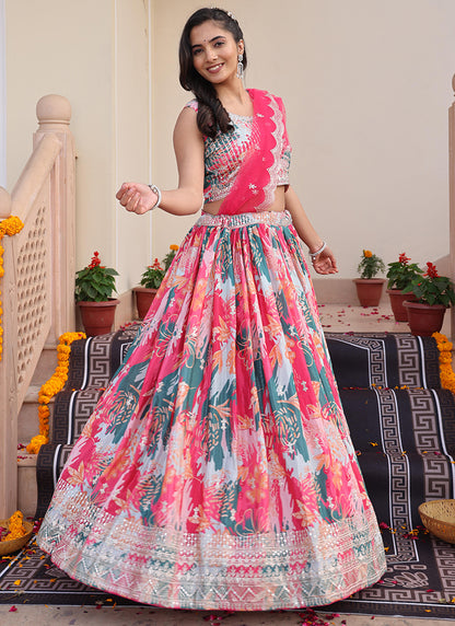 Chinon Multi Color Ocassional Wear Embroidery Work Lehenga Choli 386072