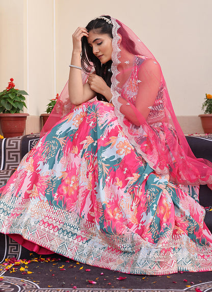 Chinon Multi Color Ocassional Wear Embroidery Work Lehenga Choli 386072