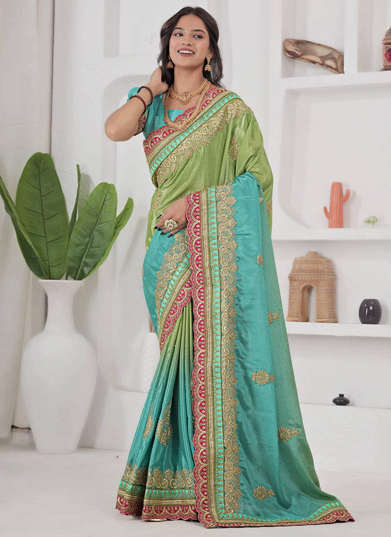 Chinon Silk Multi Color Saree with Zari Embroidery Work for Festival Wear 384560