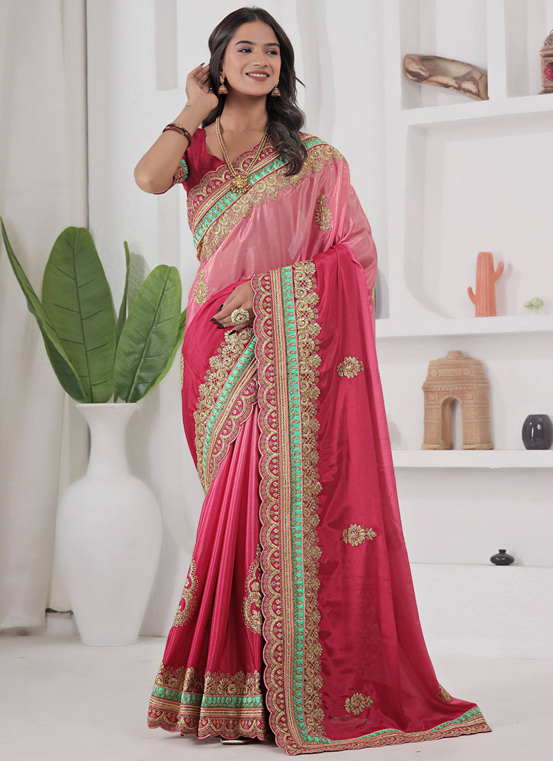 Chinon Silk Multi Color Saree with Zari Embroidery Work for Festival Wear 384561