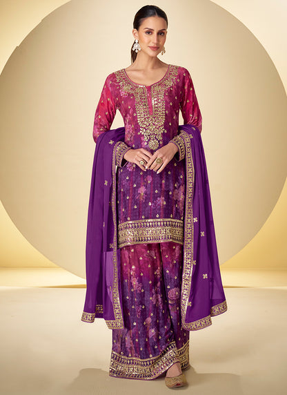 Chinon Silk Multi Color Party Wear Digital Print Work Readymade Plazzo Suit 386439