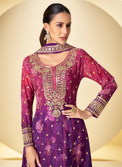 Chinon Silk Multi Color Party Wear Digital Print Work Readymade Plazzo Suit 386439