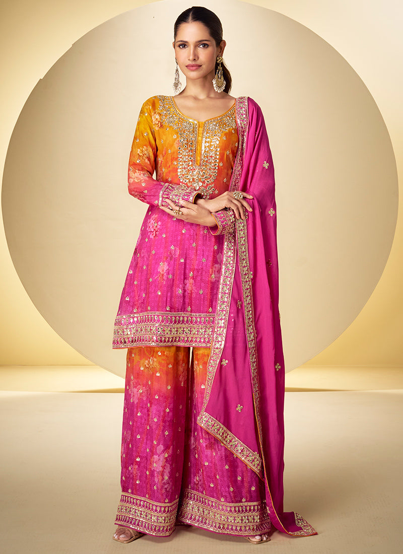 Chinon Silk Multi Color Party Wear Digital Print Work Readymade Plazzo Suit 386440