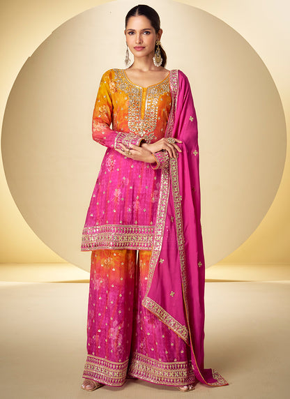 Chinon Silk Multi Color Party Wear Digital Print Work Readymade Plazzo Suit 386440