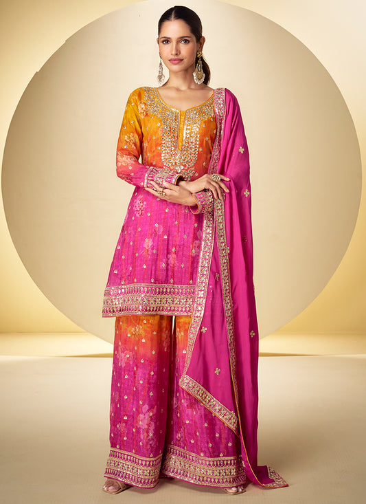 Chinon Silk Multi Color Party Wear Digital Print Work Readymade Plazzo Suit 386440