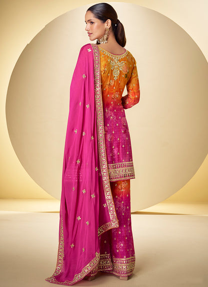 Chinon Silk Multi Color Party Wear Digital Print Work Readymade Plazzo Suit 386440