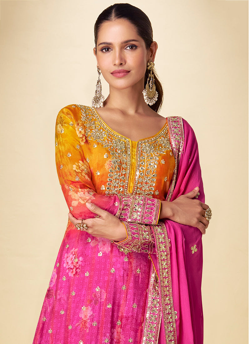 Chinon Silk Multi Color Party Wear Digital Print Work Readymade Plazzo Suit 386440