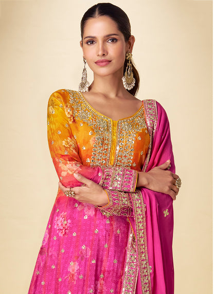 Chinon Silk Multi Color Party Wear Digital Print Work Readymade Plazzo Suit 386440