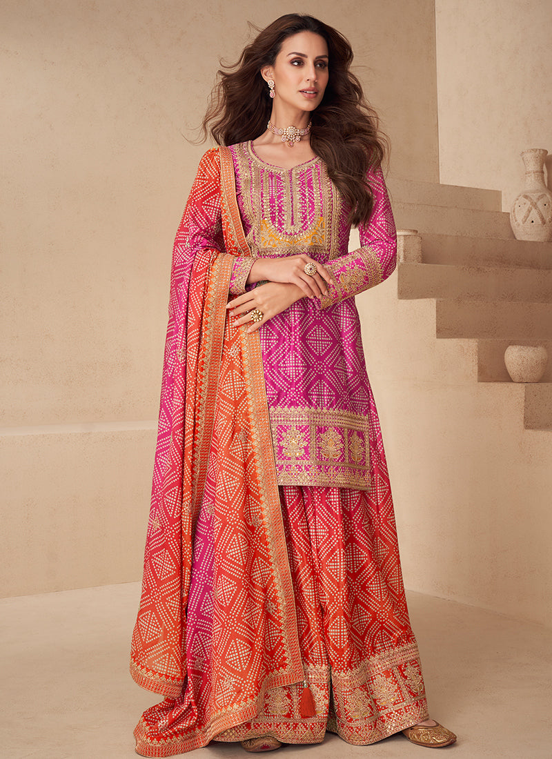 Chinon Silk Multi Color Party Wear Digital Print Work Readymade Plazzo Suit 386085