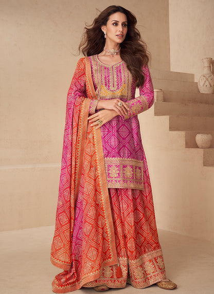 Chinon Silk Multi Color Party Wear Digital Print Work Readymade Plazzo Suit 386085