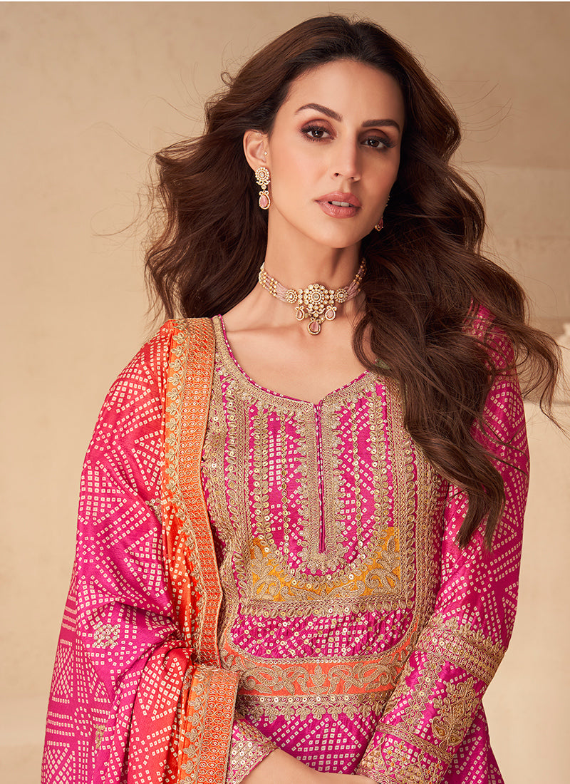 Chinon Silk Multi Color Party Wear Digital Print Work Readymade Plazzo Suit 386085