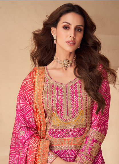 Chinon Silk Multi Color Party Wear Digital Print Work Readymade Plazzo Suit 386085