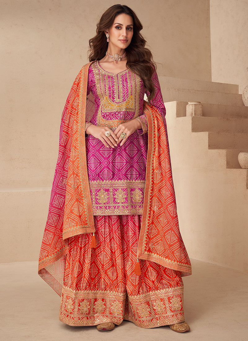 Chinon Silk Multi Color Party Wear Digital Print Work Readymade Plazzo Suit 386085