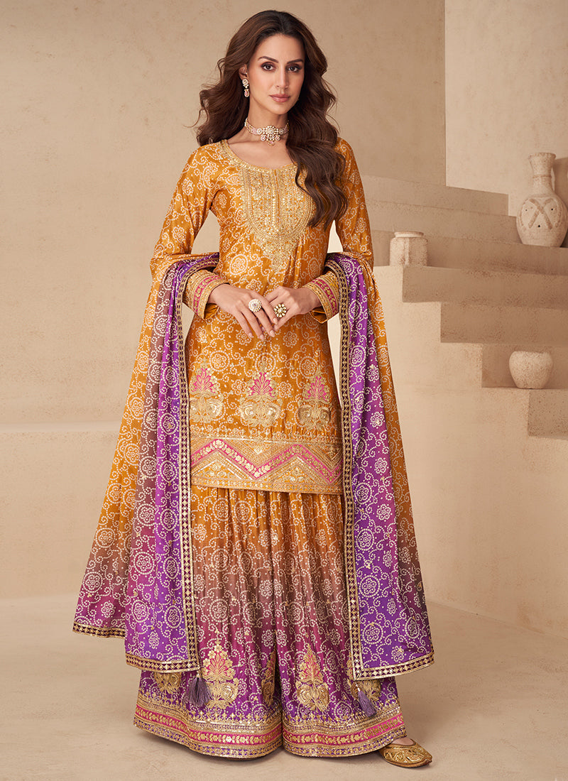 Chinon Silk Multi Color Party Wear Digital Print Work Readymade Plazzo Suit 386086