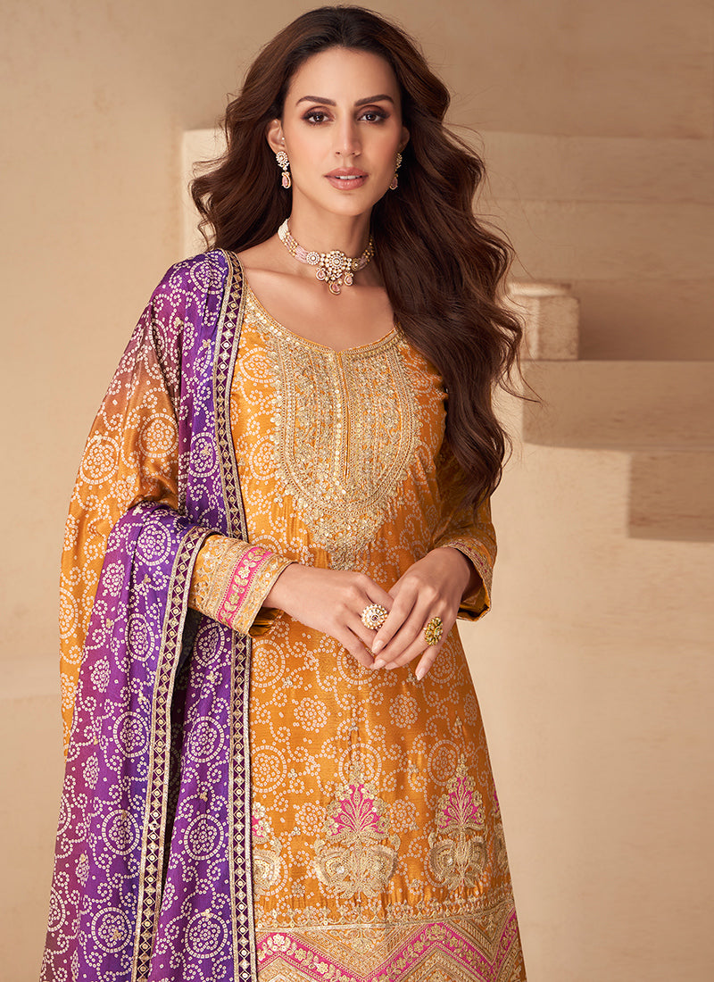 Chinon Silk Multi Color Party Wear Digital Print Work Readymade Plazzo Suit 386086