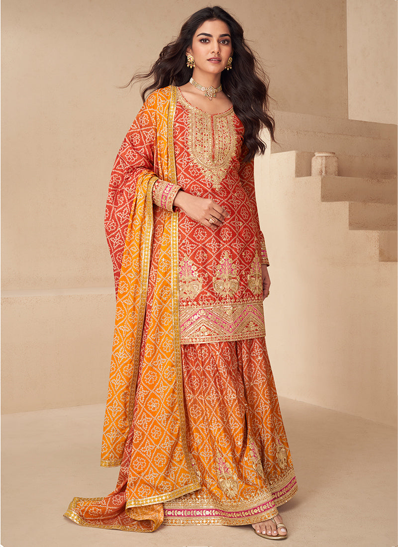 Chinon Silk Multi Color Party Wear Digital Print Work Readymade Plazzo Suit 386087