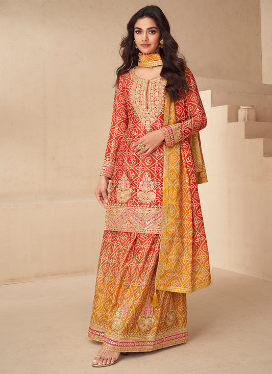 Chinon Silk Multi Color Party Wear Digital Print Work Readymade Plazzo Suit 386087