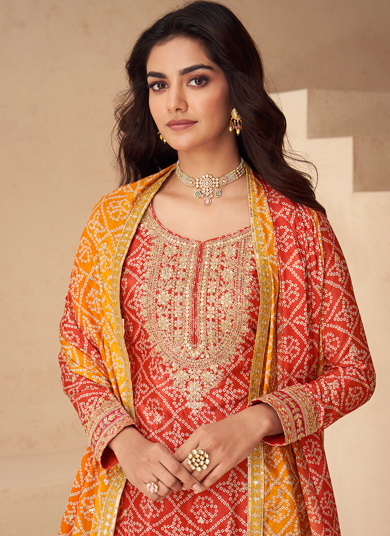 Chinon Silk Multi Color Party Wear Digital Print Work Readymade Plazzo Suit 386087