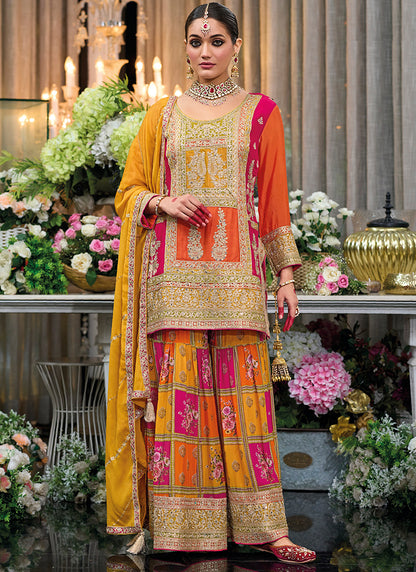 Chinon Silk Multi Color Party Wear Zari Embroidery Work Readymade Sharara Suit 386685