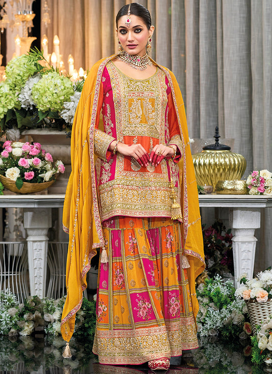 Chinon Silk Multi Color Party Wear Zari Embroidery Work Readymade Sharara Suit 386685
