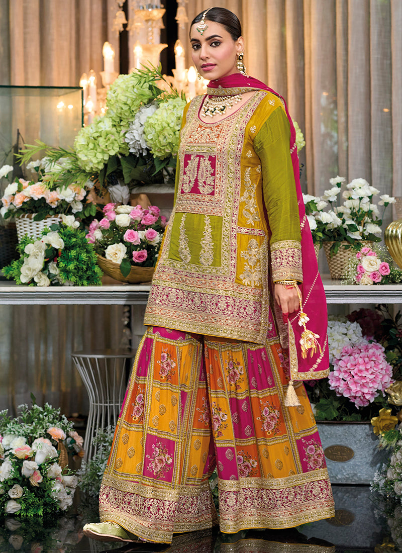 Chinon Silk Multi Color Party Wear Zari Embroidery Work Readymade Sharara Suit 386686