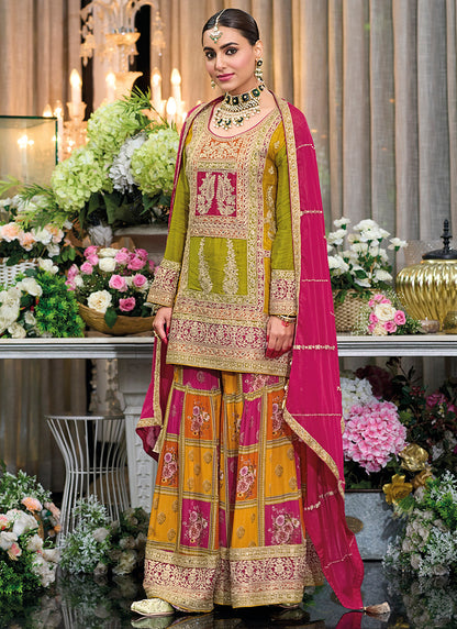 Chinon Silk Multi Color Party Wear Zari Embroidery Work Readymade Sharara Suit 386686