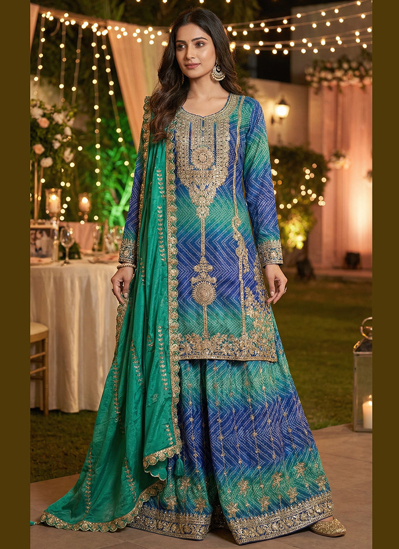 Chinon Silk Multi Color Party Wear Zari Work Readymade Plazzo Suit 388605