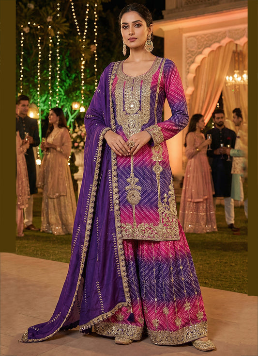 Chinon Silk Multi Color Party Wear Zari Work Readymade Plazzo Suit 388606