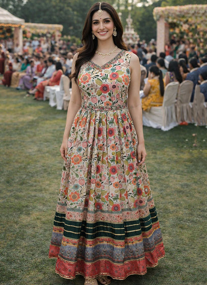 Multi Color Dola Silk Printed Work Party Wear Readymade Gown SW569275