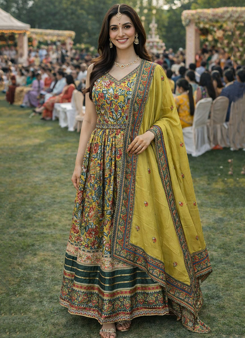 Multi Color Dola Silk Printed Work Party Wear Readymade Gown SW997880