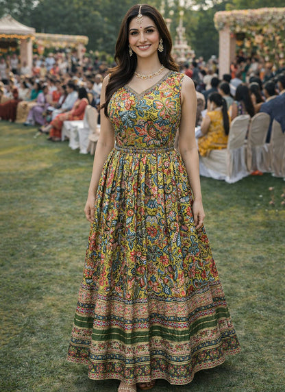 Multi Color Dola Silk Printed Work Party Wear Readymade Gown SW997880