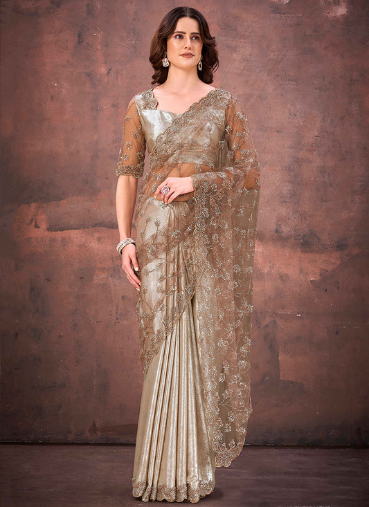 Foil Satin Multi Color Wedding Wear Bead Work Ready To Wear Saree 387529