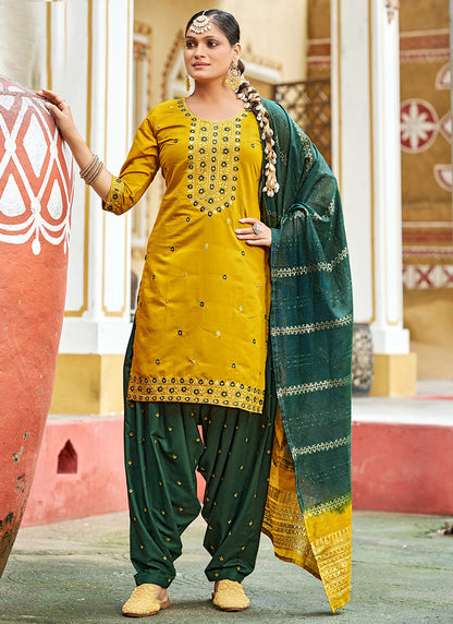 Gadhwal Silk Multi Color Festival Wear Embroidery Work Readymade Patiyala Suit 385796