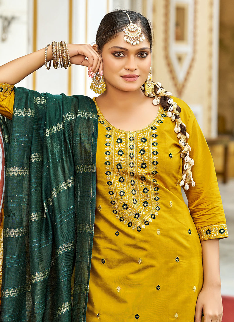 Gadhwal Silk Multi Color Festival Wear Embroidery Work Readymade Patiyala Suit 385796