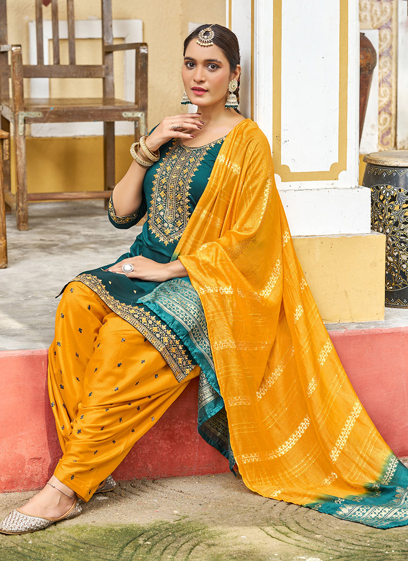 Gadhwal Silk Multi Color Festival Wear Embroidery Work Readymade Patiyala Suit 385798