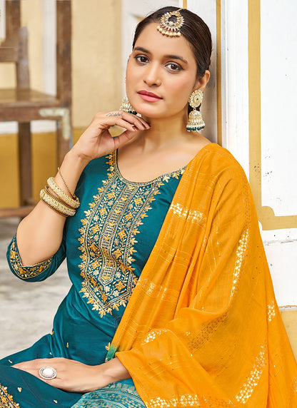 Gadhwal Silk Multi Color Festival Wear Embroidery Work Readymade Patiyala Suit 385798