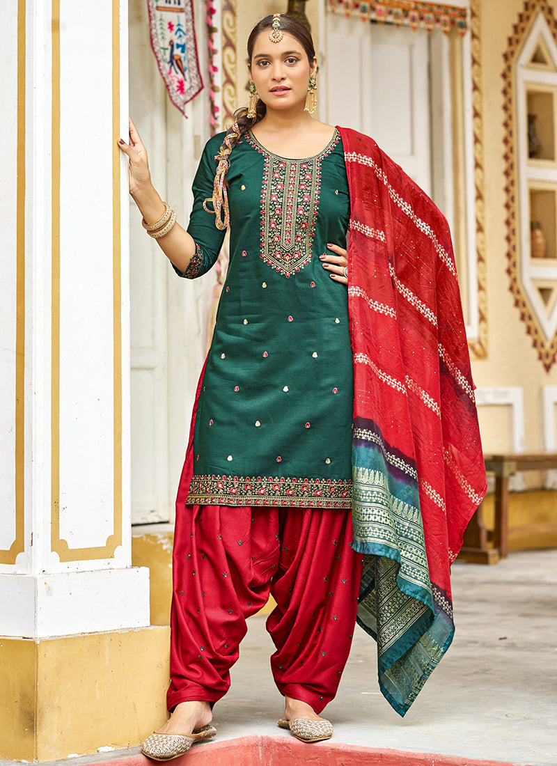 Gadhwal Silk Multi Color Festival Wear Embroidery Work Readymade Patiyala Suit 385801