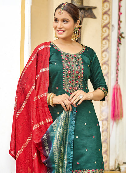 Gadhwal Silk Multi Color Festival Wear Embroidery Work Readymade Patiyala Suit 385801